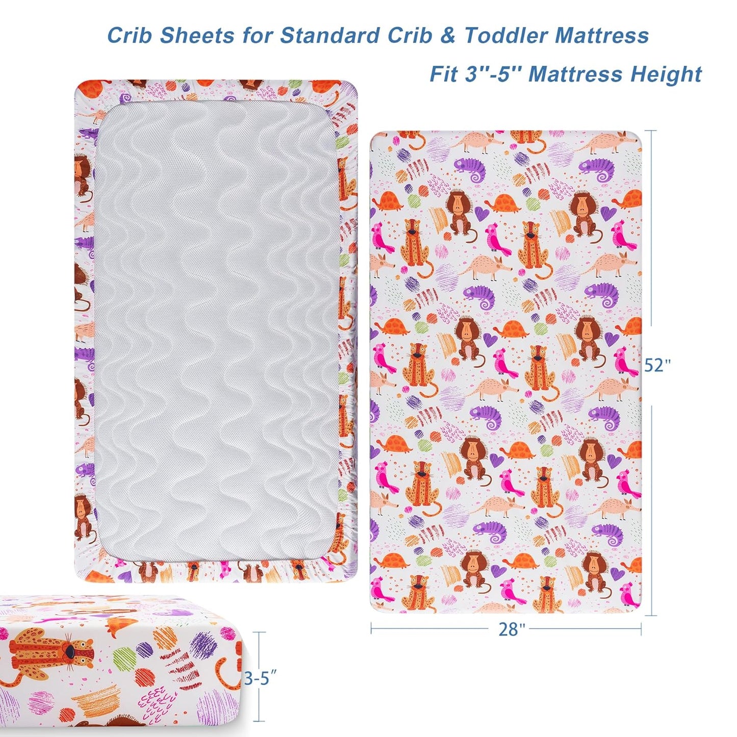 TILLYOU Baby Crib Sheets - Super Soft Toddler Bed Sheets | 2 Pack for Standard Crib Mattress 28x52in, Animal Graffiti