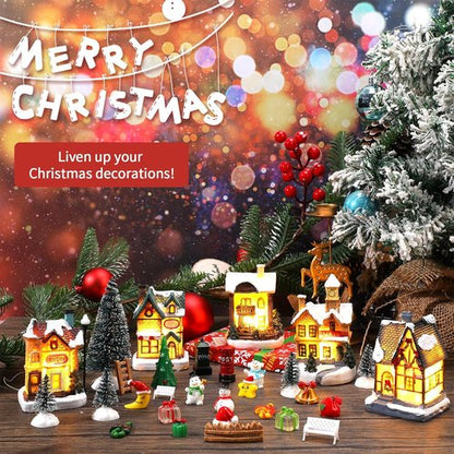 Barydat Christmas Village Figurines Set - 60 LED Lighted Mini Houses for Holiday Decor | Winter Table Decoration