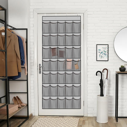 WVM Over The Door Shoe Organizer - 35 Breathable Mesh Pockets & 4 Metal Hooks - Large Grey Storage Solution