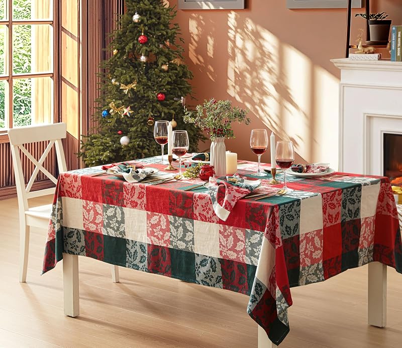 Newbridge Holiday Holly Check 60x102 Inch Rectangle Tablecloth - Cotton-Rich Christmas Nativity