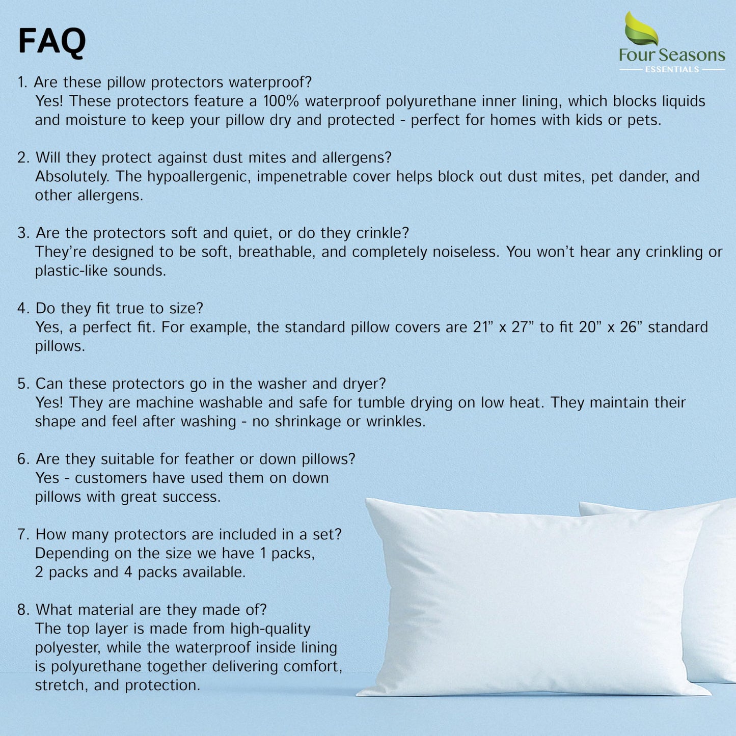 Standard Pillow Protectors (Set of 2) – Zippered Waterproof Pillow Covers Hypoallergenic Dust and Allergen Proof Pillowcase Encasement