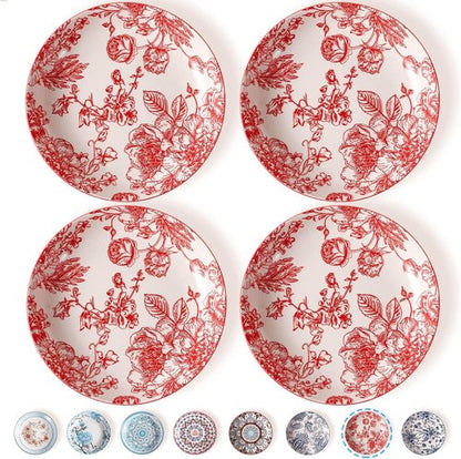 Artena Pasta Bowls Set of 4 - 26oz Porcelain Salad & Serving Bowls | 8-Inch Colorful Dinner Plates, Microwave & Oven Safe, Red Rose