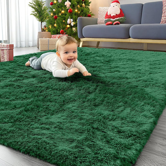 OLANLY Area Rug - Soft Fluffy Shaggy Design | Machine Washable 4x5.9 ft - Dark Green for Living Room & Bedroom
