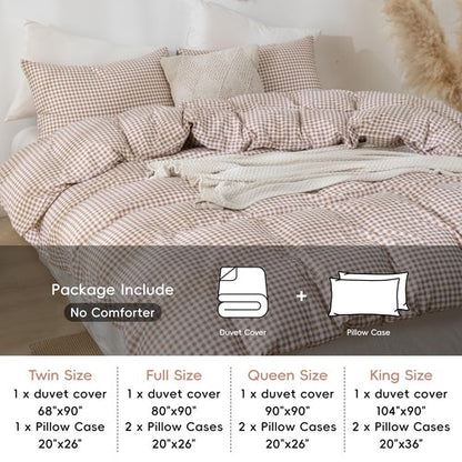 YHJWW Tan Gingham Duvet Cover Bedding Set Prewashed Extra Soft Comfy Breathable 3 Piece Brown Plaid Checkered Grid Vintage Comforter Cover Set Cute Aesthetic (Queen 90"x90", No Comforter)