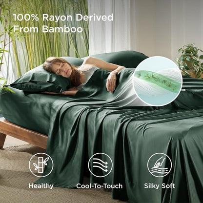 Bedsure Queen Sheet Set - Cooling Rayon Bamboo Sheets | Breathable & Soft, Deep Pocket 16" - Forest Green