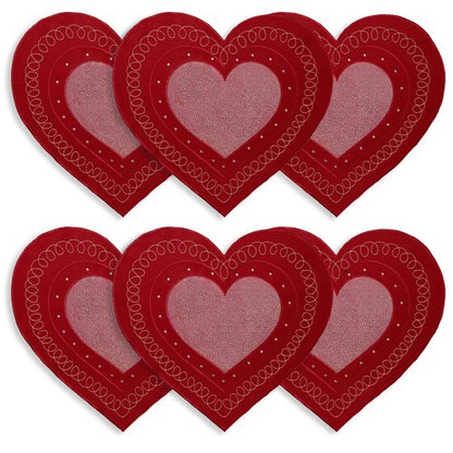 OWENIE Valentines Day Heart Placemats Set of 6, Embroidered Red Gillter Heart with Sequins Valentines Table Mats, and Wedding Table Decor,13.5 x 15, Red
