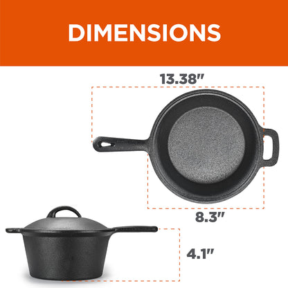 COMMERCIAL CHEF 2 Quart Cast Iron Saucepan, Dutch Oven Cast Iron Saucepan with Lid and Looped Handle, Camping Cookware & Sauce Pan for Indoor & Outdoor Recipes