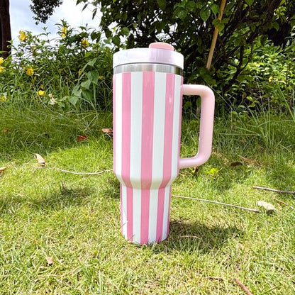 40 oz Traveler - Stripe Water Bottle with Handle & Flip Straw - Fits in Cup Holder, Leak Resistant Tumbler-Reusable Insulated Stainless Steel & Rubber Base - Gifts for Women & Men（Pink&White）