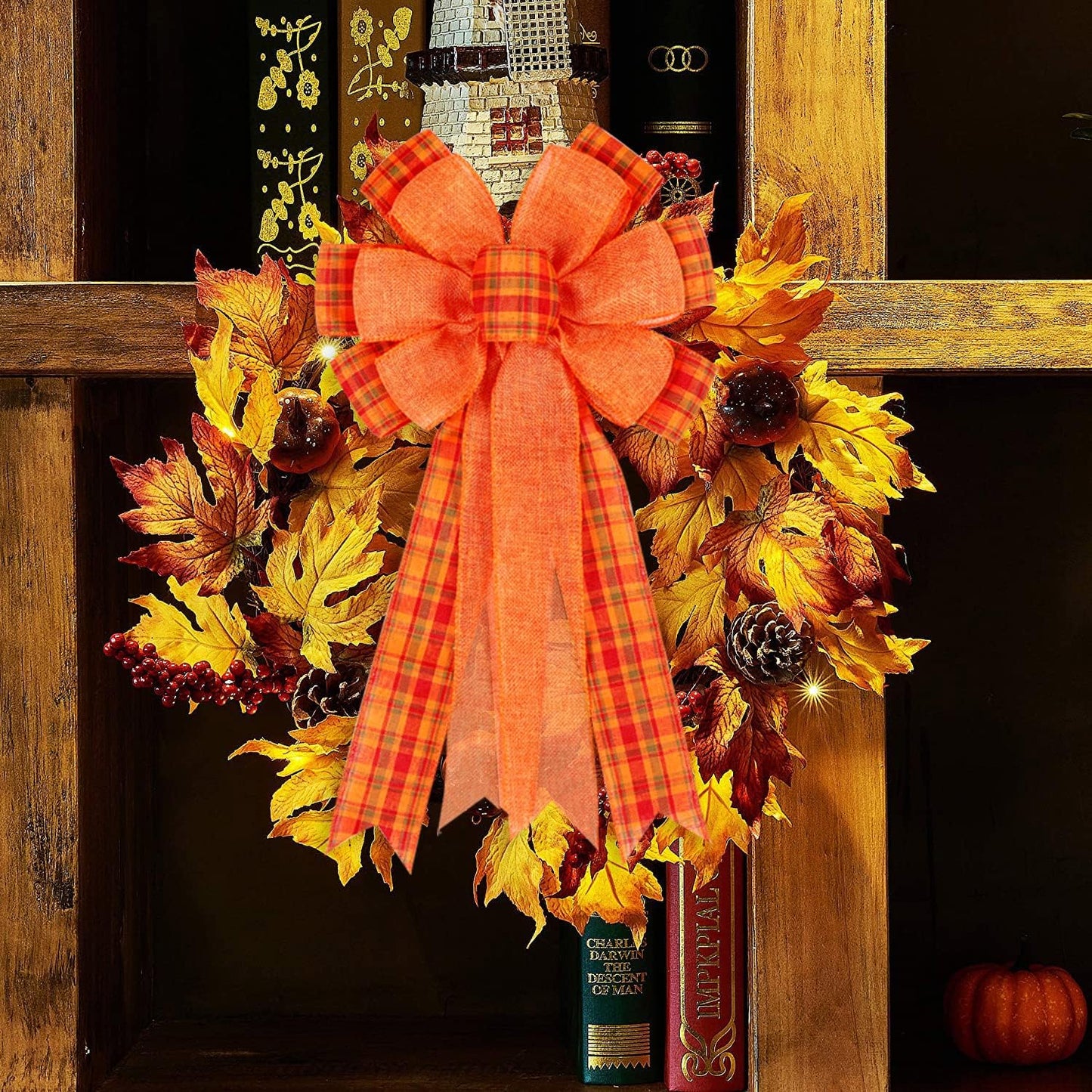 Skiennix Fall Bows - 2 Pack Halloween & Thanksgiving Wreath Decorations | Orange Buffalo Plaid Design