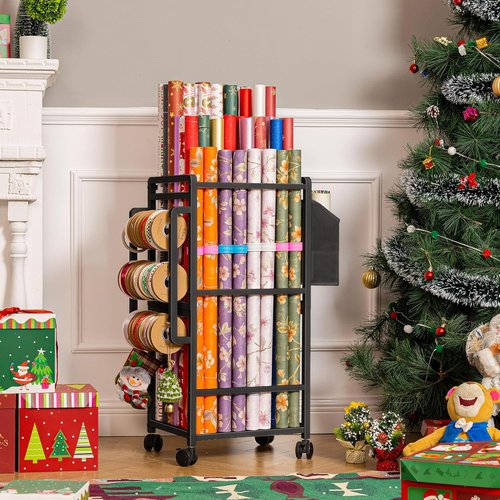 Aquzee Gift Wrapping Paper Organizer - Vertical Storage Cart with 9 Adjustable Rods & Ribbon Holders - Black