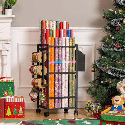 Aquzee Gift Wrapping Paper Organizer - Vertical Storage Cart with 9 Adjustable Rods & Ribbon Holders - Black