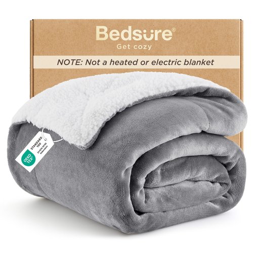 Bedsure GentleSoft Sherpa Fleece Throw Blanket for Couch, Non-Heated, Thick & Warm Cozy Blanket for Winter, Soft Fuzzy Plush Throw Gifts for Women and Men, Grey, 50x60 Inches