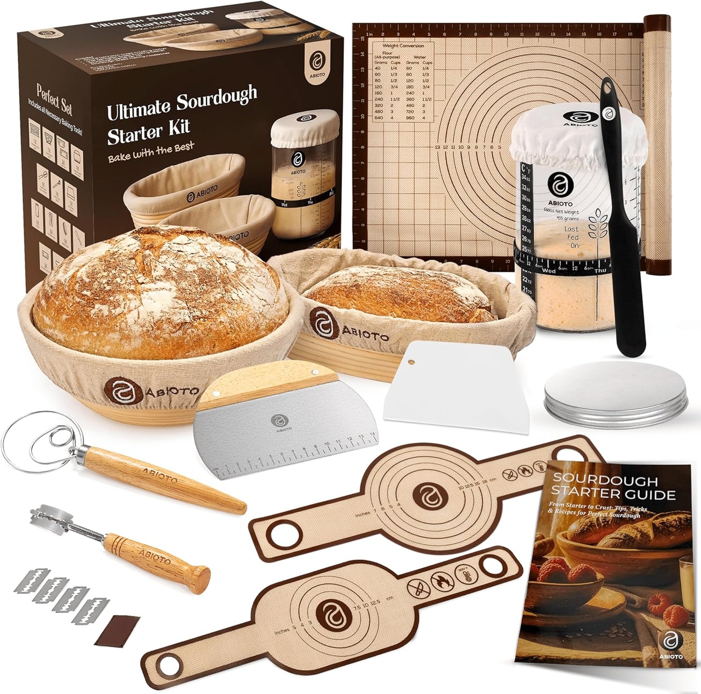 Skiennix Sourdough Starter Kit - Beginner-Friendly Baking Supplies with 10" Round & 11" Oval Banneton Baskets