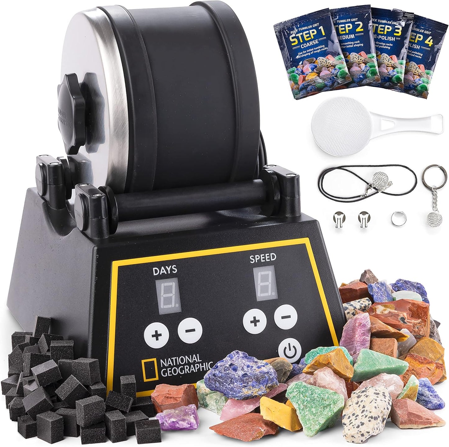 National Geographic Professional Rock Tumbler Kit - Complete 2 Lb. Tumbler for Adults & Kids with Rocks, Grit & GemFoam Polish