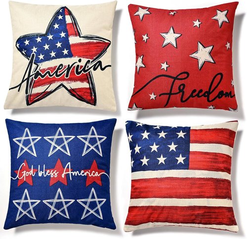 Hongsome Throw Pillow Covers - Patriotic 4th of July Decor | Set of 4, 18x18 Inch Red, White & Blue