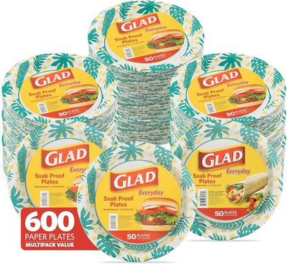 Glad Round Disposable Paper Plates - Soak Proof & Cut Resistant, 10 Inch, Palm Leaves Pattern, 50 Count | Perfect for Parties & Picnics