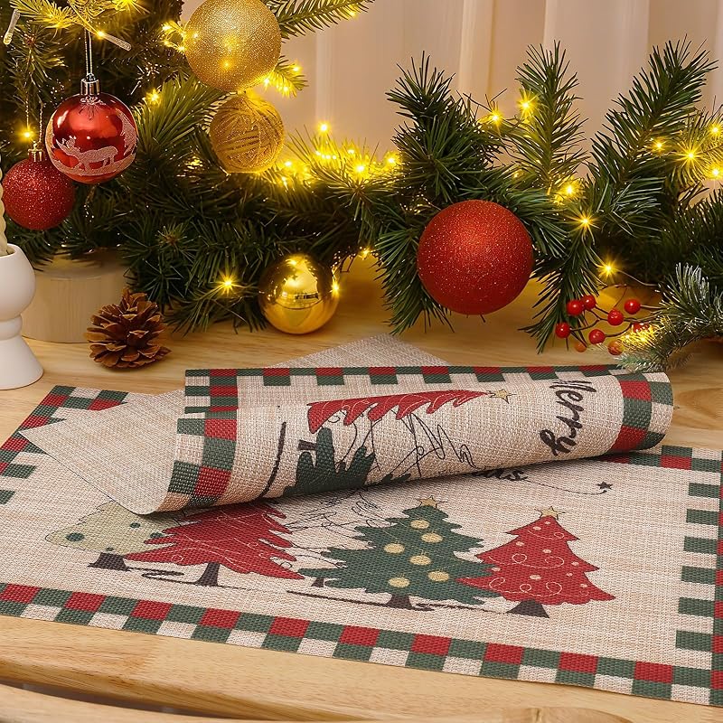 Light Yellow 6-Count Christmas Placemats Set with Non-Slip Heatproof PVC - Washable