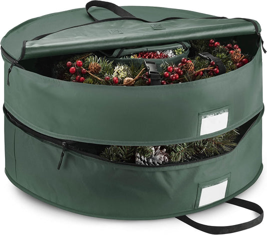 ZOBER Wreath Storage Bag - 24 Inch Christmas Wreath Container with Durable Handles | 600D Oxford Fabric, Fits 2 Wreaths