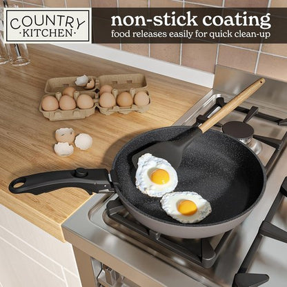 Country Kitchen Cookware Set - Removable Handle, Oven & RV Safe Pots and Pans, Grey/Black