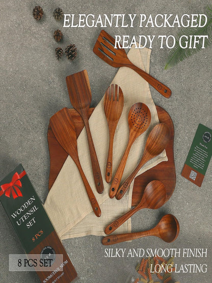 Skiennix 8-Piece Natural Teak Wood Utensil Set - Eco-Friendly Nonstick Cooking Spoons & Spatulas