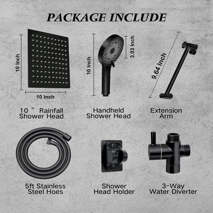 Skiennix 10” Rain Shower Head - High Pressure Handheld Spray Combo with Adjustable Arm | Matte Black Finish
