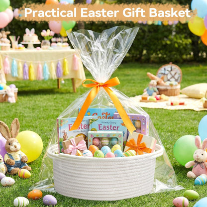 Pro Goleem Small Woven Easter Basket - Durable Gift Basket with Ribbons & Handles | 12" x 8" x 5" White
