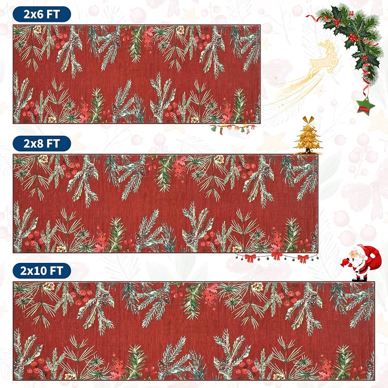 Pinecone-Red 2' x 6' Christmas Runner Rug - GarveeHome, Non-Slip, Washable