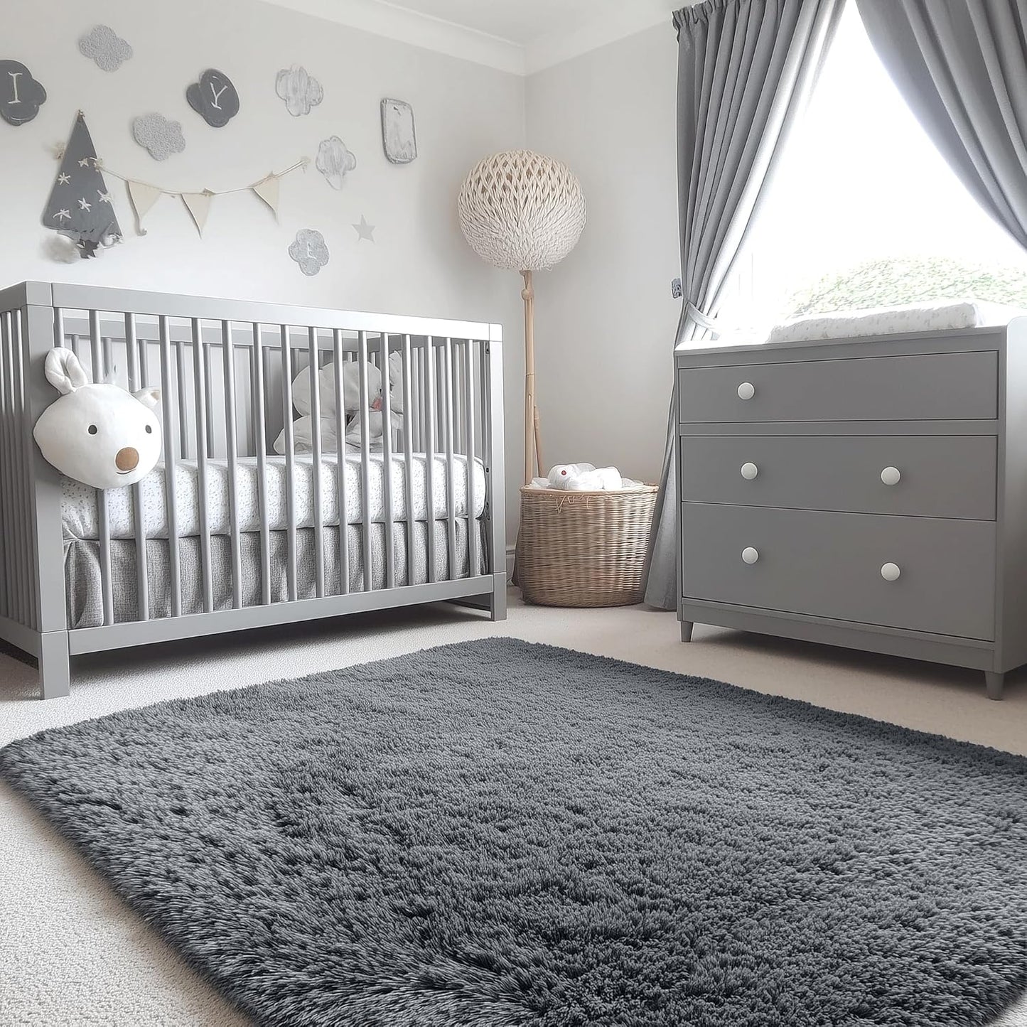 OLANLY 4x4 Soft Fluffy Shaggy Accent Rug - Machine Washable Indoor Carpet for Bedroom & Nursery, Grey
