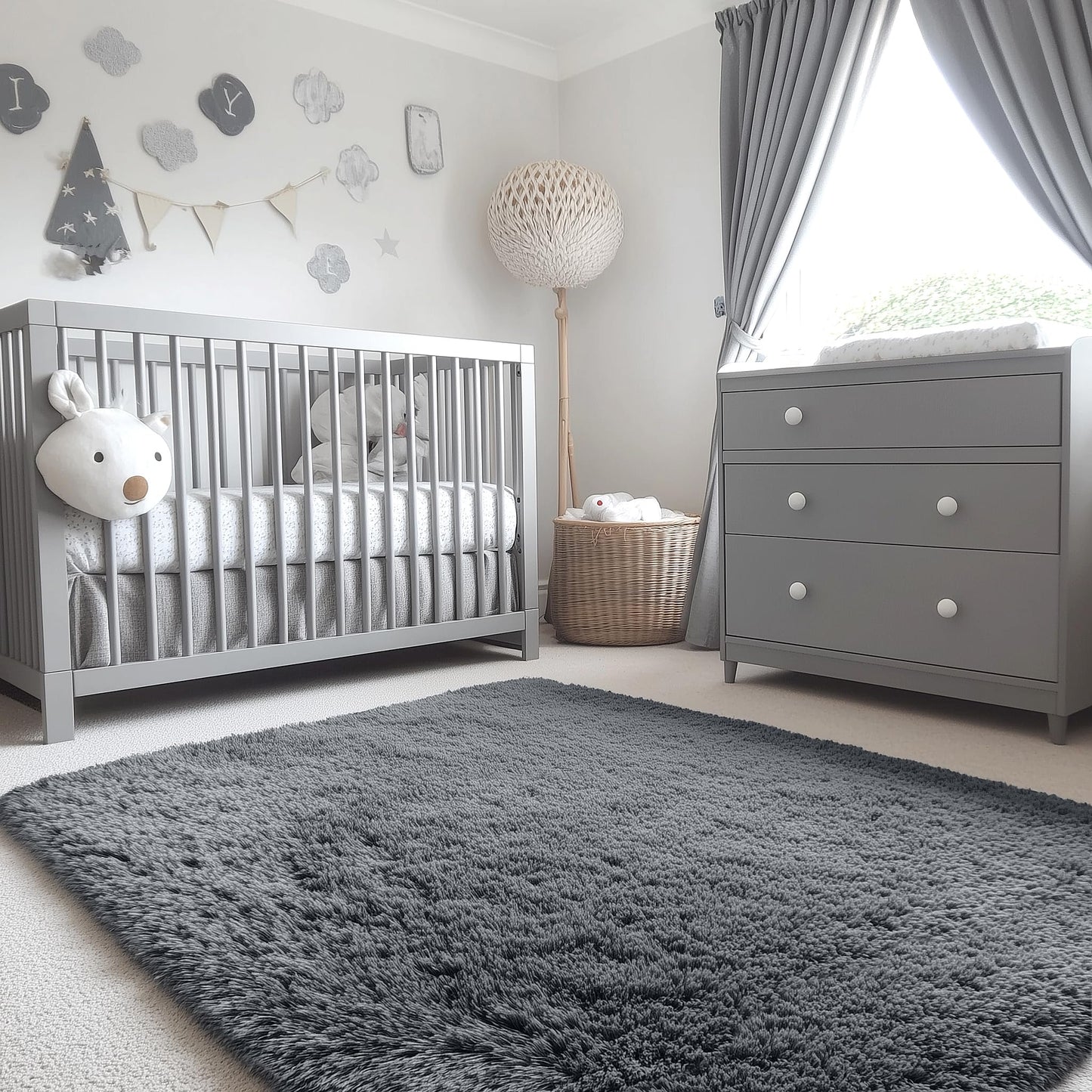 OLANLY 4x4 Machine Washable Accent Rug, Soft Fluffy Shaggy Area Rug for Bedroom, Living Room, Indoor Floor Carpet for Kids, Nursery, Home Decor, Grey