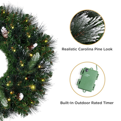 Papyrus 24" Pre-Lit Frosted Carolina Pine Artificial Wreath, Pine Cones, Warm White Light, Battery Powered, Indoor/Outdoor