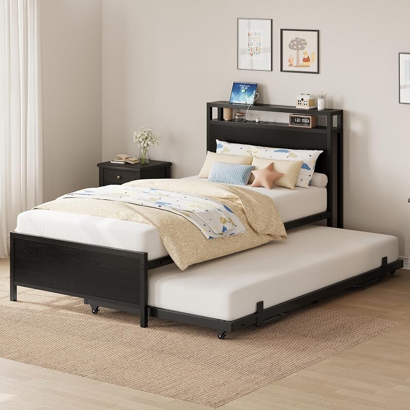 IRONCK Twin Daybed with Trundle, Storage Headboard & Charging Station - Black