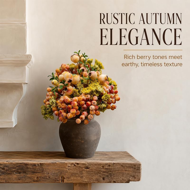 Artificial Berry Stems with Eucalyptus & Blueberries - 3 Bunches, 13in Each - Yellow Variation