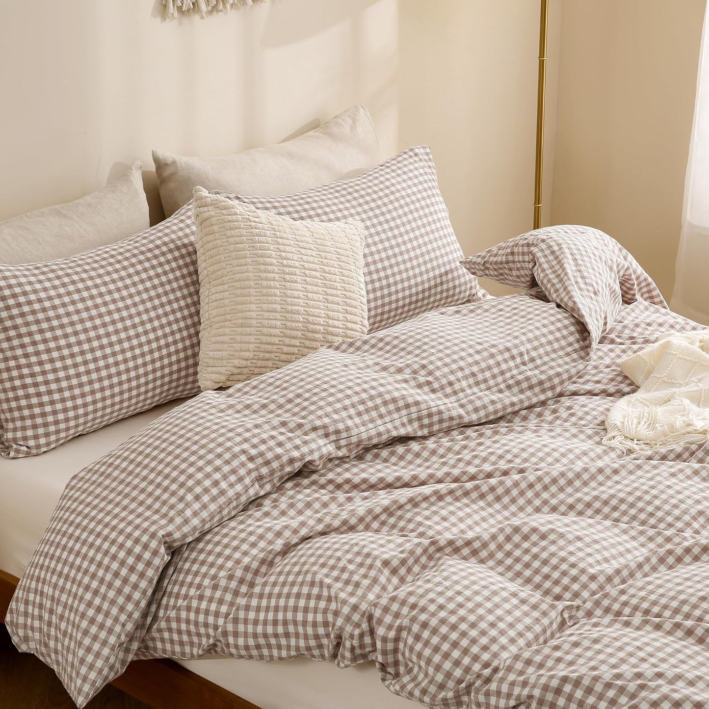 TOCOMOA Tan Gingham Duvet Cover Set - 100% Washed Cotton, Super Soft & Comfy | Queen Size (90"x90")
