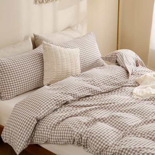 TOCOMOA Tan Gingham Duvet Cover Bedding Set 100% Washed Cotton Like Linen Feel Super Soft Comfy 3 Piece Brown Vintage Plaid Checkered Fall Comforter Cover Set (Queen 90"x90", Comforter Not Included)