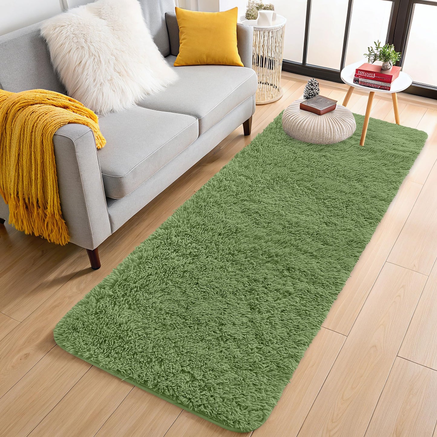 OLANLY 2x8 Machine Washable Runner Rugs for Hallway, Soft Fluffy Shaggy Bedside Rugs for Bedroom, Living Room, Indoor Floor Carpet for Kids Girls and Boys, Home Decor Aesthetic, Green