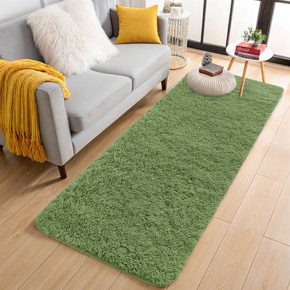 OLANLY 2x8 Machine Washable Runner Rugs for Hallway, Soft Fluffy Shaggy Bedside Rugs for Bedroom, Living Room, Indoor Floor Carpet for Kids Girls and Boys, Home Decor Aesthetic, Green