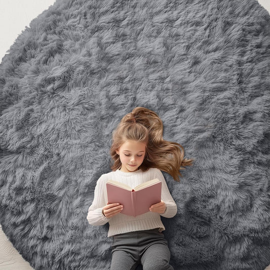 OLANLY Grey Round Area Rug - Soft, Fluffy, Machine Washable 7 ft Circle Carpet for Bedroom & Living Room Decor