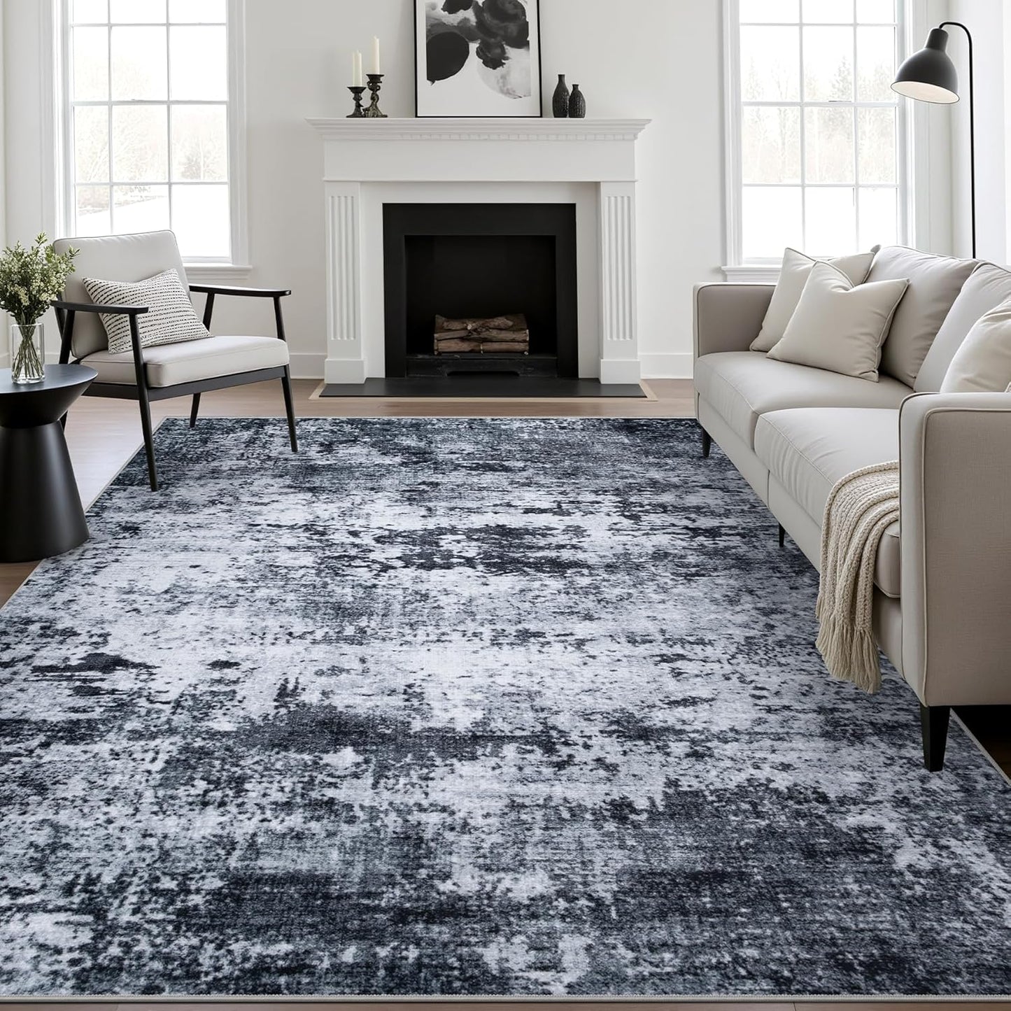Skiennix 5x7 Area Rug - Washable Modern Abstract Soft Indoor Carpet | Non-Slip & Stain Resistant - Black