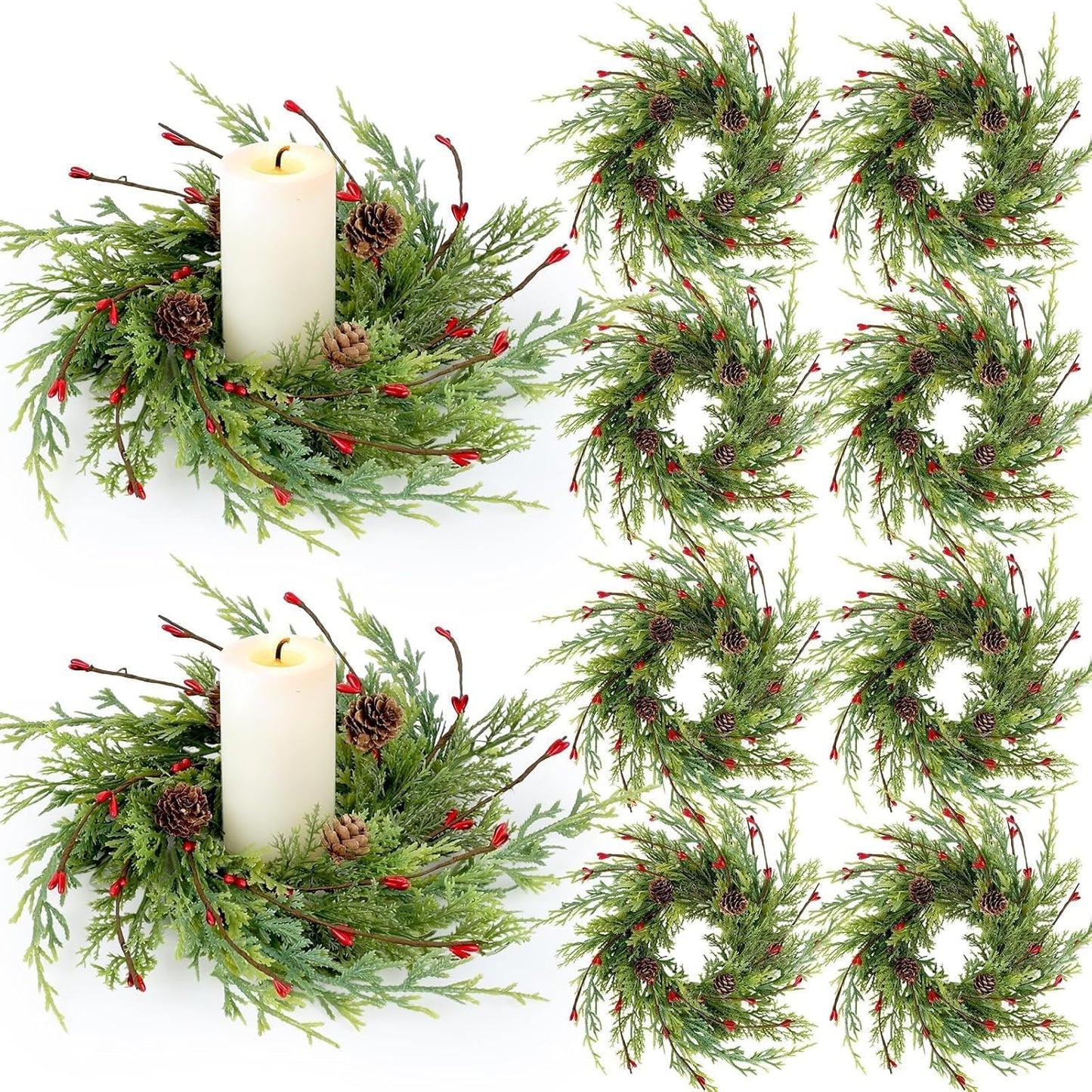 Skiennix 8 Pcs Artificial Christmas Candle Rings - 9 Inch Cedar Pine Garland Wreaths with Red Berries & Pinecones