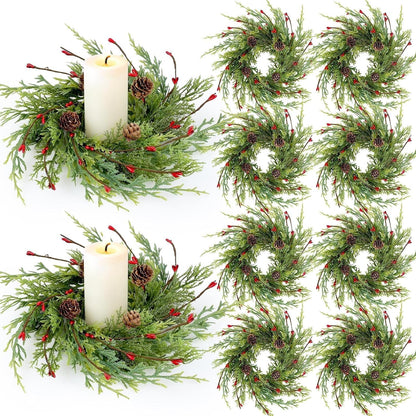 Skiennix 8 Pcs Artificial Christmas Candle Rings - 9 Inch Cedar Pine Garland Wreaths with Red Berries & Pinecones