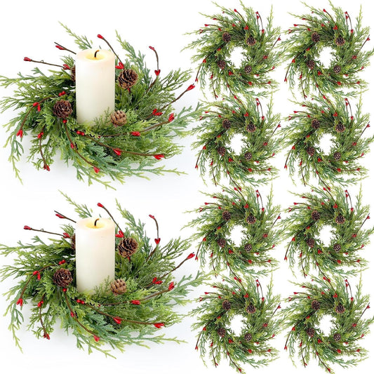 Skiennix 8 Pcs Artificial Christmas Candle Rings - 9 Inch Cedar Pine Garland Wreaths with Red Berries & Pinecones