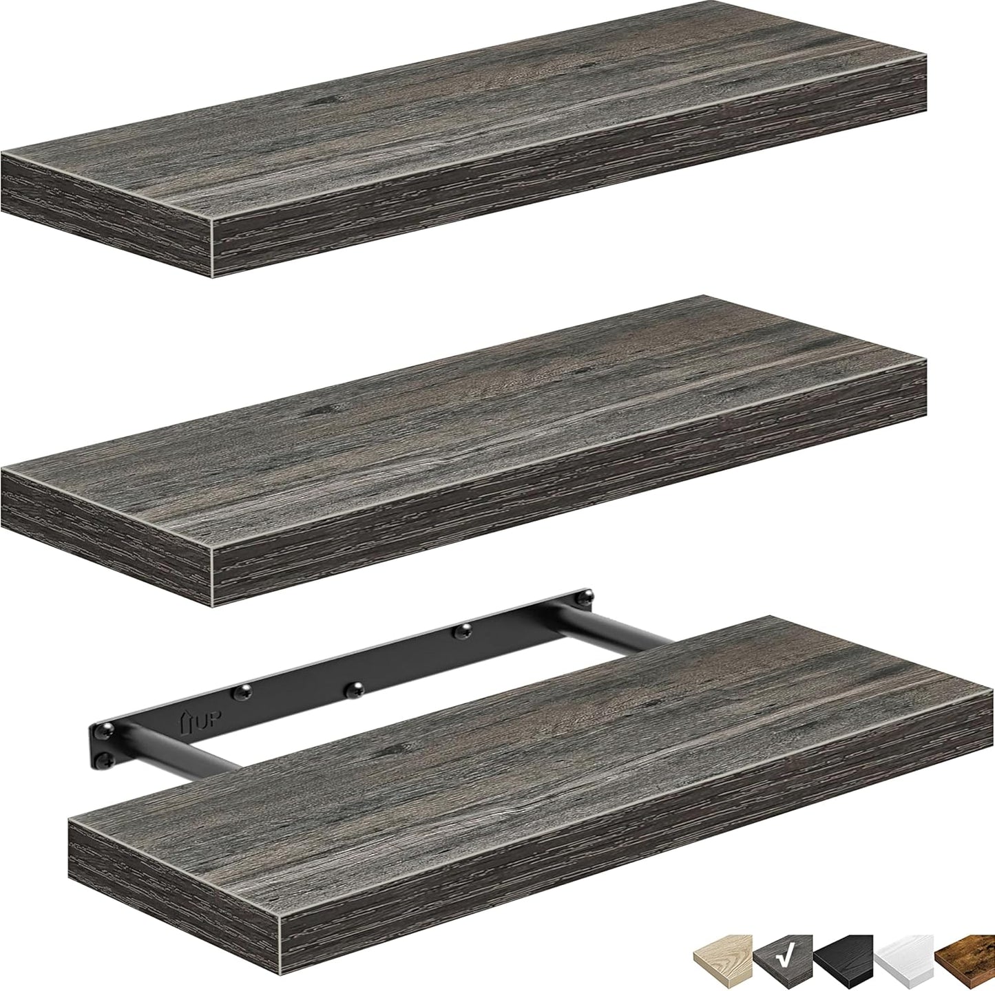QEEIG Floating Shelves - Stylish Wall Storage for Bathroom, Bedroom & Kitchen - Set of 3, 16 Inch, Grey