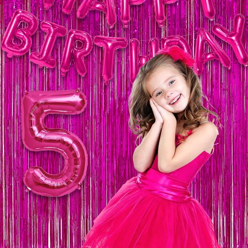 GREATRIL Shiny Fuchsia Tinsel Foil Fringe Curtain - Hot Pink Party Streamers Backdrop | 3.2ft X 8.2ft - 2 Packs