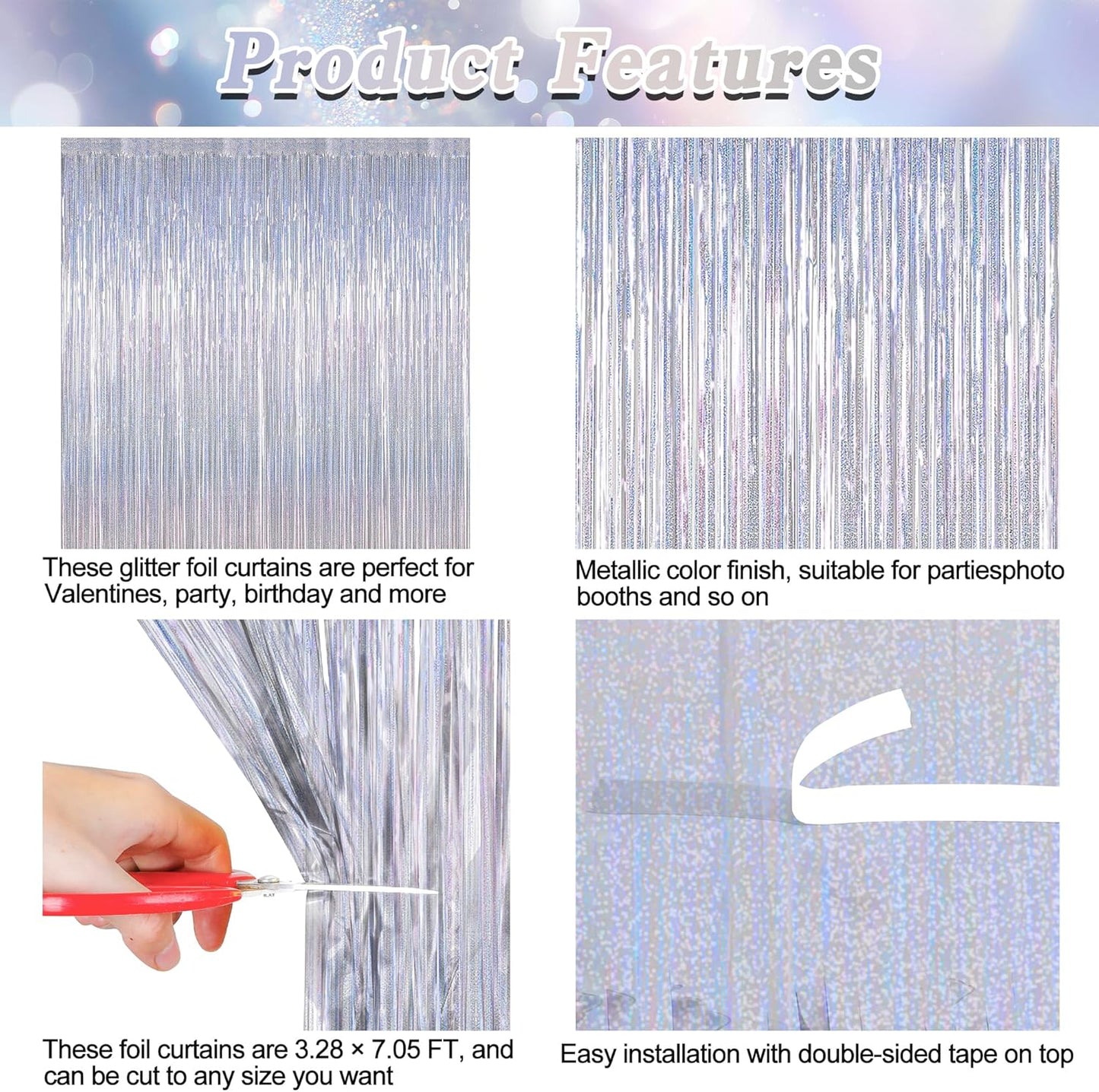 NYE Silver Tinsel Foil Curtain - 4 Pack Glitter Backdrop | 3.28 FT x 7.05 FT Metallic Party Decor