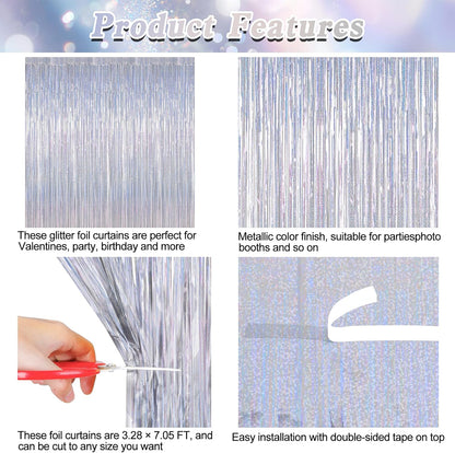 NYE Silver Tinsel Foil Curtain - 4 Pack Glitter Backdrop | 3.28 FT x 7.05 FT Metallic Party Decor
