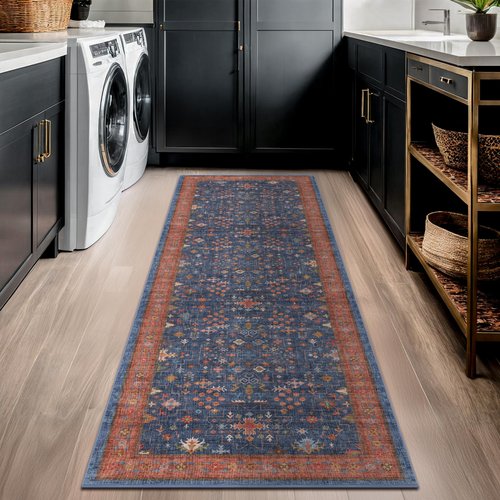 Hazo Haus Navy Blue Runner Rug 2x7 for Kitchen, Hallway, Mudroom, Laundry Room, Bathroom, Washable Non Slip Non Skid Rubber Backing Low Pile Stain Resistance
