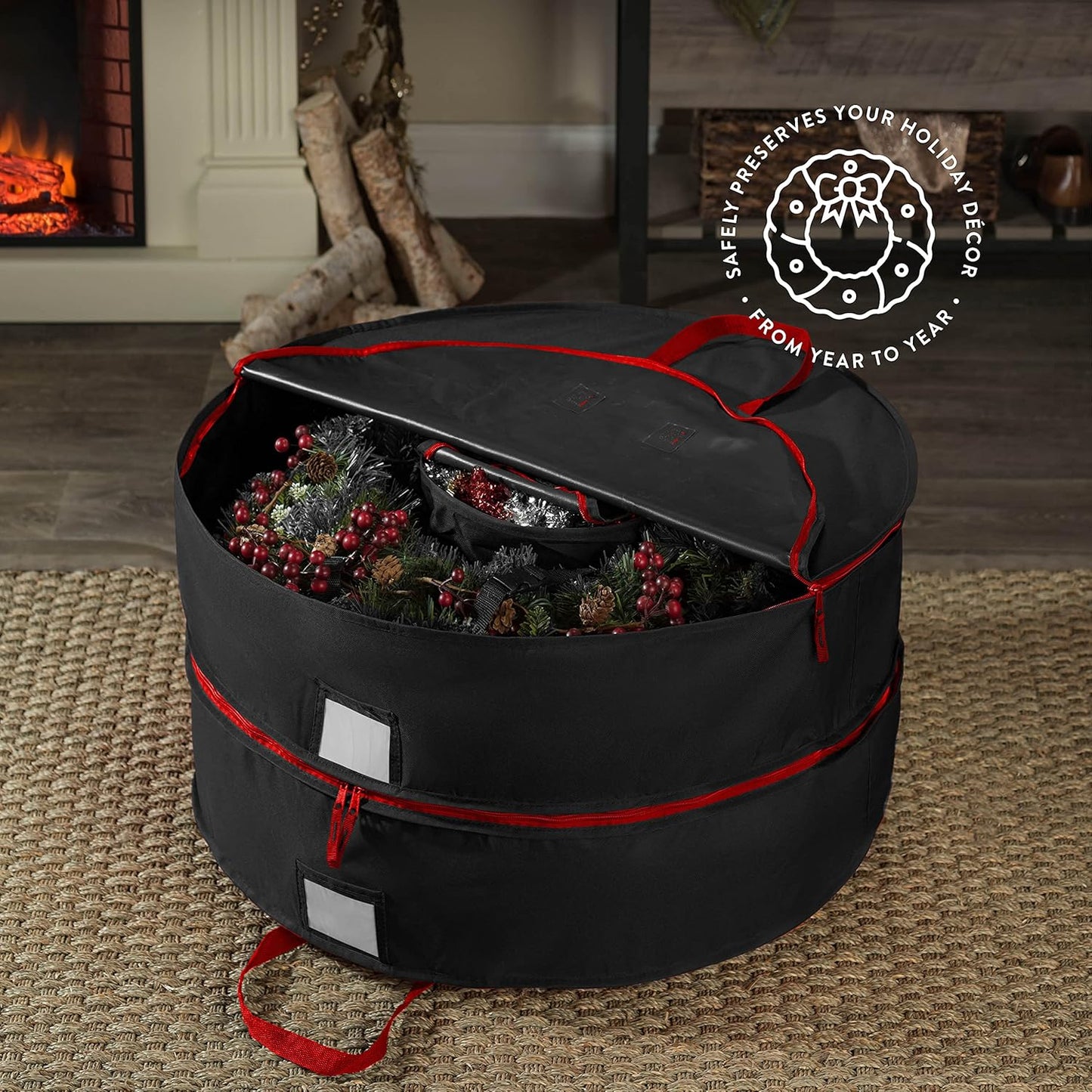 ZOBER Wreath Storage Bag - 30 Inch Capacity for 2 Wreaths | Durable 600D Oxford Fabric - Black