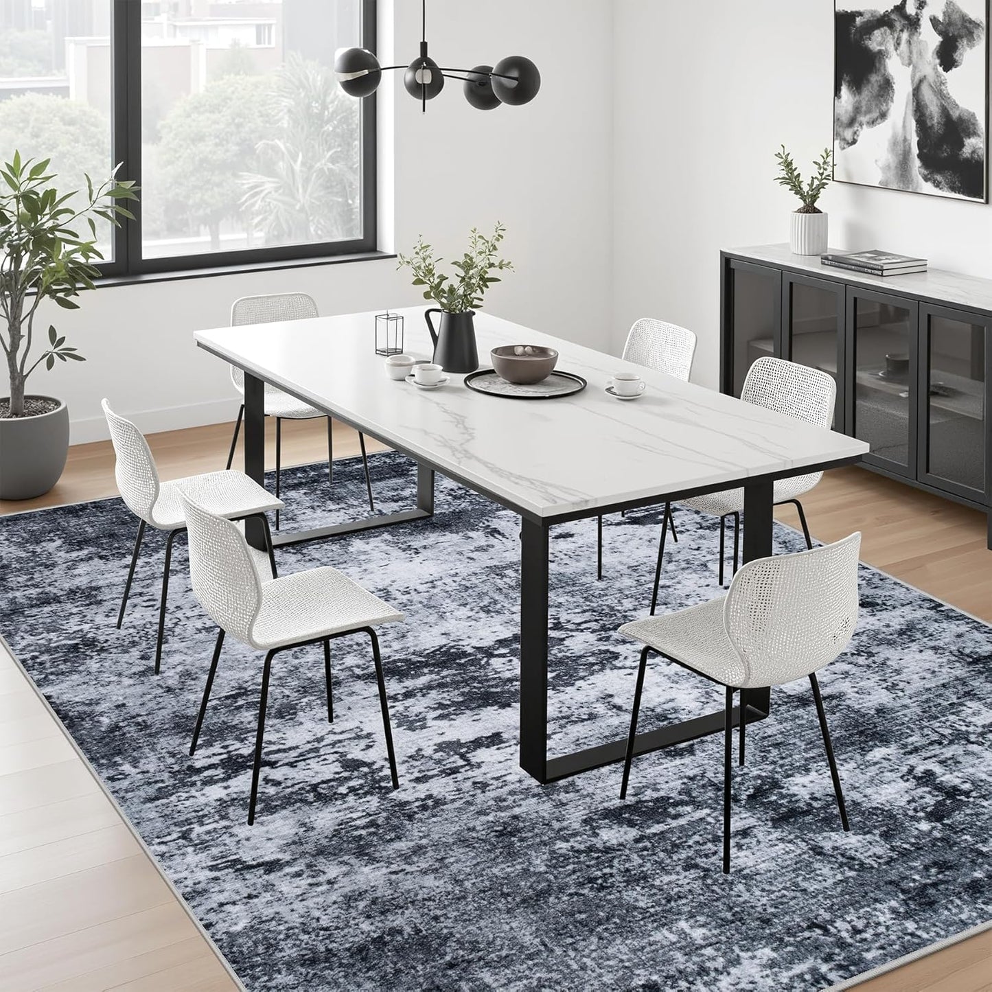Skiennix 5x7 Area Rug - Washable Modern Abstract Soft Indoor Carpet | Non-Slip & Stain Resistant - Black