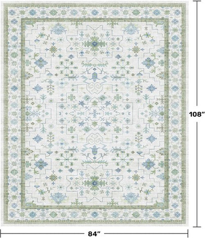 Hazo Haus Cream Oushak 7x9 Area Rug - Boho Floral Design in Cool Blue & Green, Washable Non-Slip