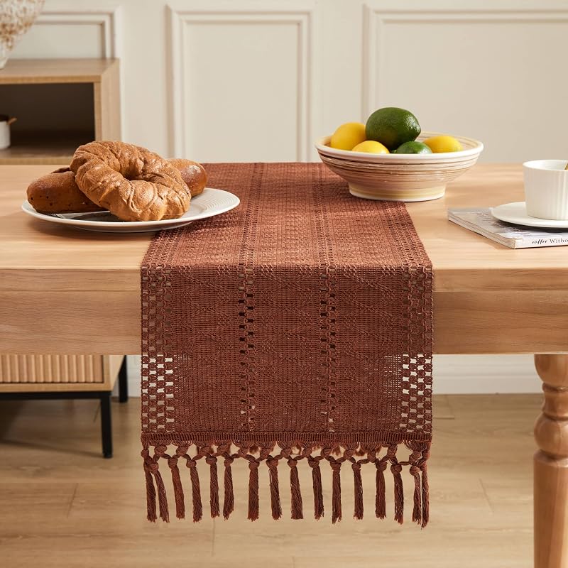 Macrame Style Boho Table Runner, 108" x 12" Terracotta - Handcrafted